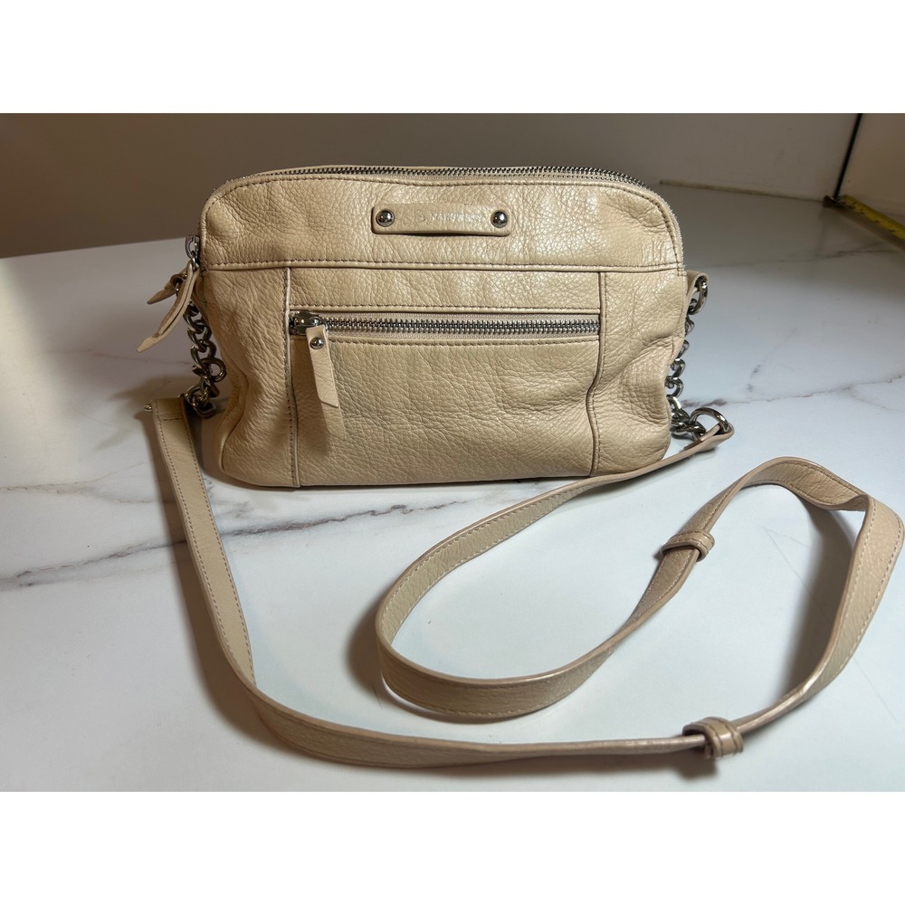 B. Makowsky Beige Pebble Leather Triple Zip Crossbody Bag Silver Chain Detail